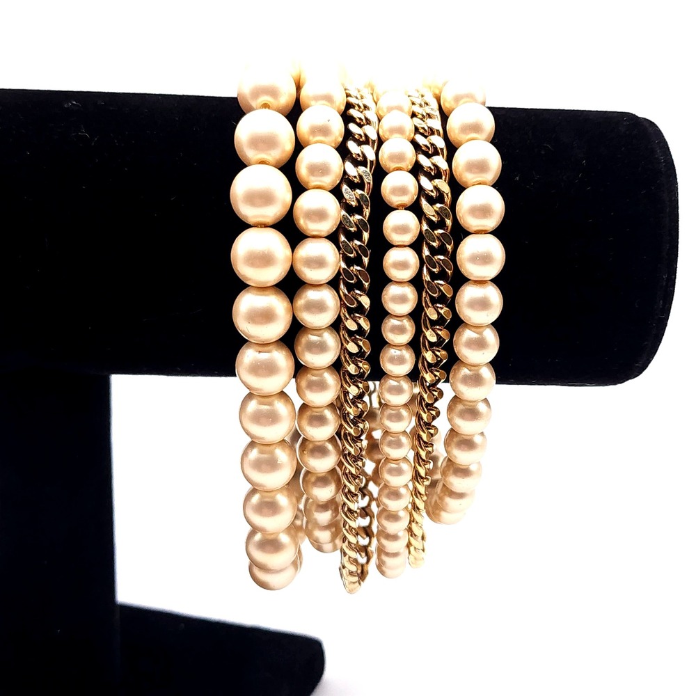 Givenchy Gold Tone Curb Chain Faux Pearl Multi Strand Bracelet 7.5in